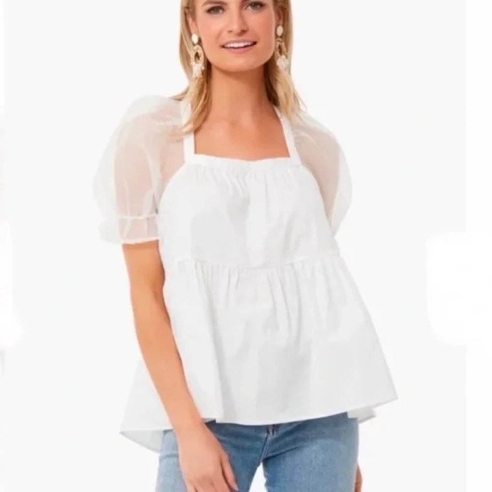 Pomander Place Tuckernuck Women's White Tinsley Top Blouse Sheer Puff Sleeve M